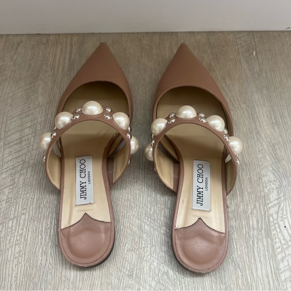 Jimmy Choo Blush Pink Pearl-Embellished Pointed Toe Flats - Picture 3 of 13